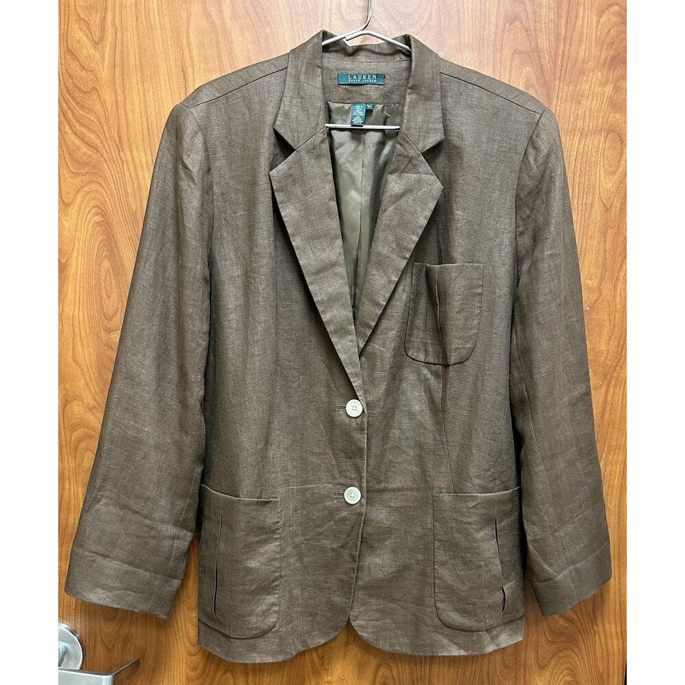 Lauren Ralph Lauren Women’s Brown 100% Linen Blazer Jacket Pockets Size 16W